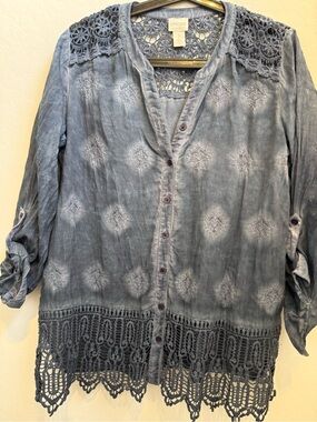 Chico's Slate Blue Crochet-Trim Button Front Women's Shirt